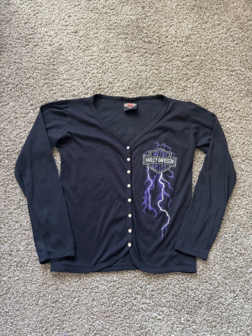 Vintage Y2K 90s Harley Davidson Blue Lightning Black button down Women's Top M